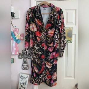 Venus Ruched Bodycon Dress Women's 1X Romantic Sexy Vamp Roses Feminine Red